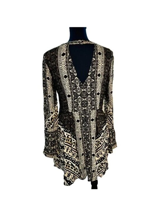Free People Tegan Black Borders Keyhole Long Sleeve Mini Dress - Picture 8 of 8